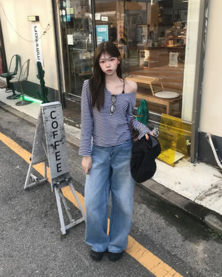 STRIPE LOOSE OFF SHOULDER TEE (3color)
