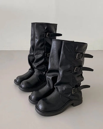 [Mid-length/Long] Buckle Biker Warmer Boots (2 colors)