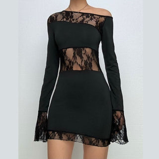 Long sleeve lace irregular one shoulder mini dress