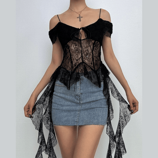 Off shoulder lace ruffle hollow out cut out top