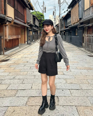 Jewel Neck String Dot Long T-Shirt