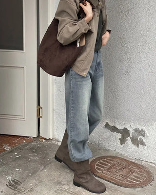 Semi-wide straight denim pants