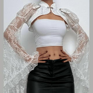 Long flared sleeve lace buckle shrug top