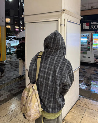 Checkered fleece knit hooded zip-up