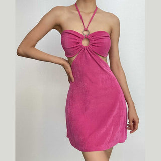 Hollow out solid o ring halter self tie backless cut out mini dress