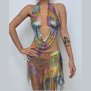 Halter self tie glitter tassels mini skirt set