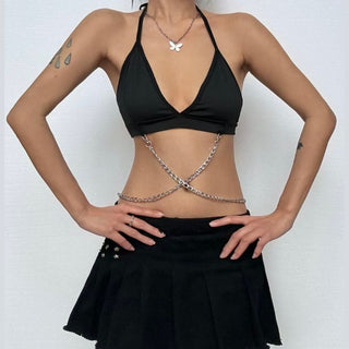 Halter self tie metal chain v neck backless top