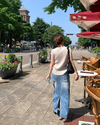 Washed long denim skirt