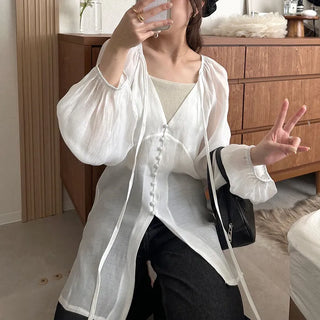 Deep V-neck sheer blouse