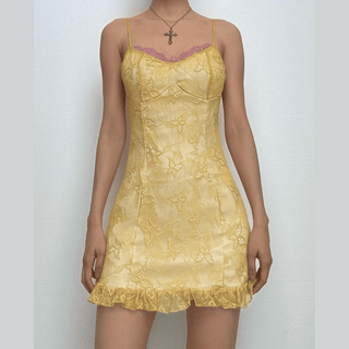 V neck lace ruffle butterfly pattern cami mini dress
