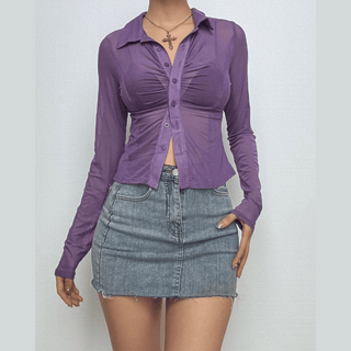 Turnover collar long sleeve ruched button mesh top
