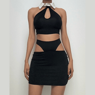 Halter turnover collar hollow out mini skirt set