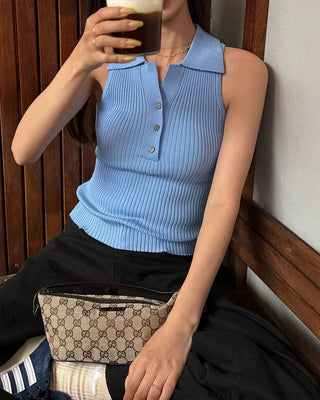Button-up, large collar, sleeveless knit top
