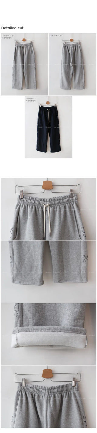 [Fleece-lined] Ribbon lettering elastic waist pants