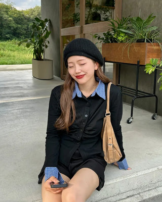 Checked layered gathered cardigan