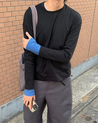 Ribbed round neck long-sleeve T-shirt