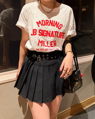 Double-belted pinstripe mini skirt