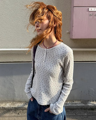 Henley Neck Flower Thermal Long T-Shirt