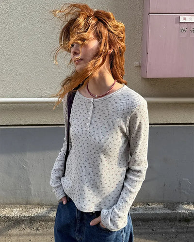 Henley Neck Flower Thermal Long T-Shirt