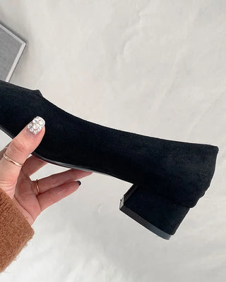 (3 colors) Suede Square Toe Mid-Heel Pumps
