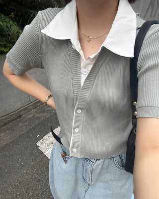 Shirt-style short-sleeved cardigan