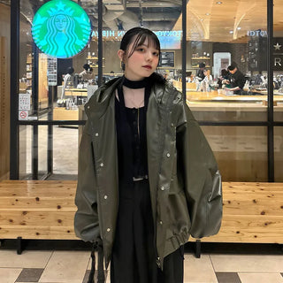 Leather hooded pocket jacket
