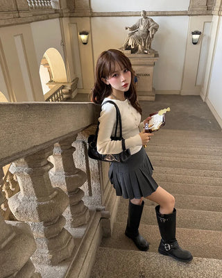 Striped button pleated mini skirt