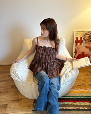 Frilled Shirring Check Sleeveless Dress