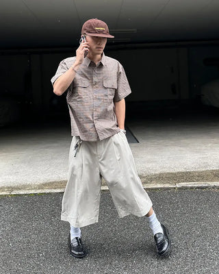Button pocket check half shirt