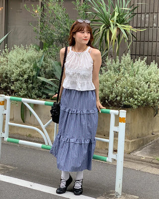 Checked tiered long skirt