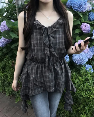 V-neck checkered ruffle camisole