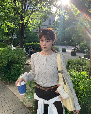Flower Henley Neck Long T-Shirt