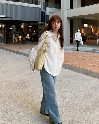Asymmetrical wide-leg denim pants