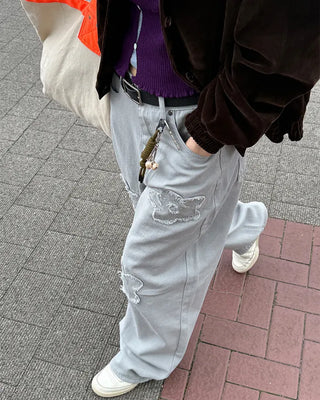 Flower embroidered wide-leg pants