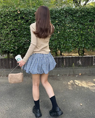 Belted check balloon mini skirt