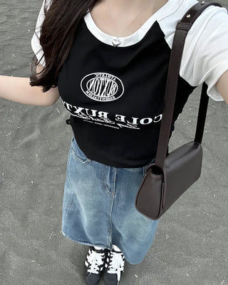 String lettering raglan short-sleeved T-shirt