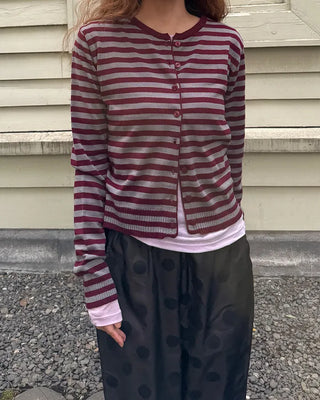 Round neck striped knit cardigan