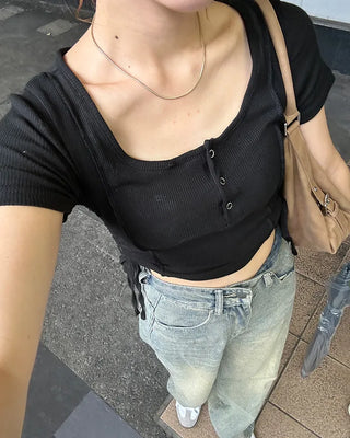 Side Shirring Button Half Sleeve T-Shirt