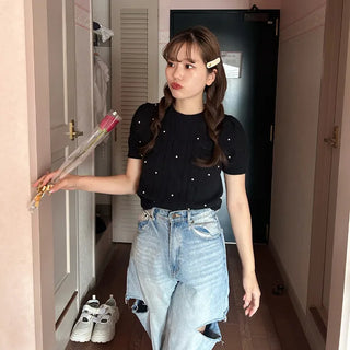 Pearl Cable Knit Short Sleeve Knit