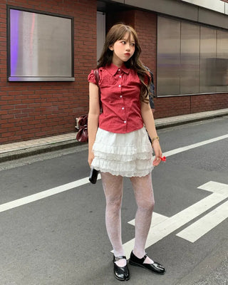 Gingham check puff sleeve shirt