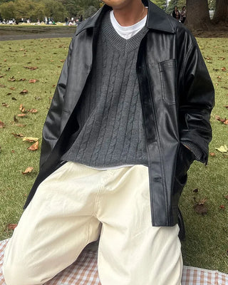 Cable knit oversized V-neck sweater