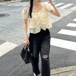 Tiered puff-sleeve blouse
