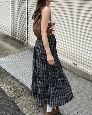 Checked frill long skirt