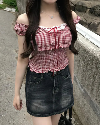 Checked ribbon top blouse