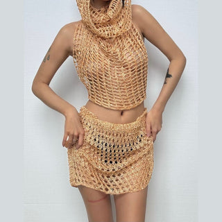 Crochet hoodie sleeveless backless hollow out irregular mini skirt set