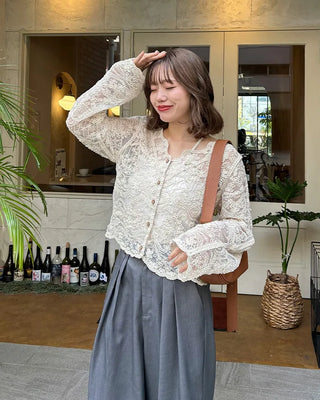 V-neck lace sheer cardigan