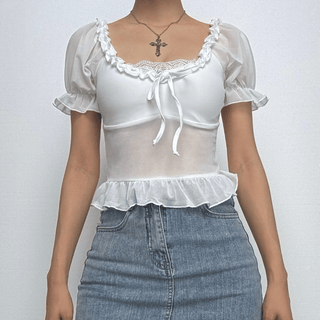Short puff sleeve ruffle ruched knotted crop top