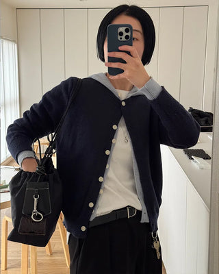 Layered knit hooded cardigan
