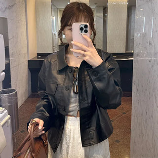 Casual short leather jacket