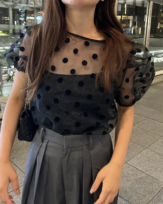 Sheer polka dot puff sleeve blouse